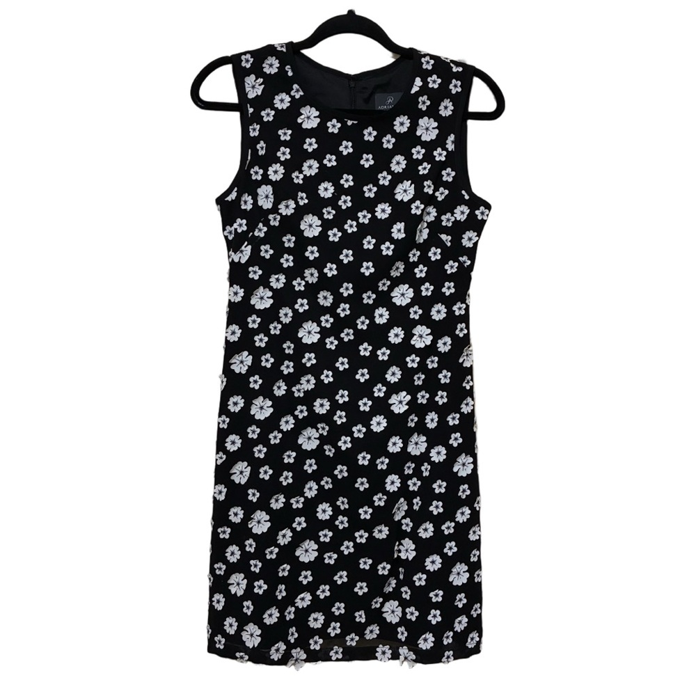 Adrianna Papell Applique Daisy Shift Mini Dress Women’s 2 Black White Lined